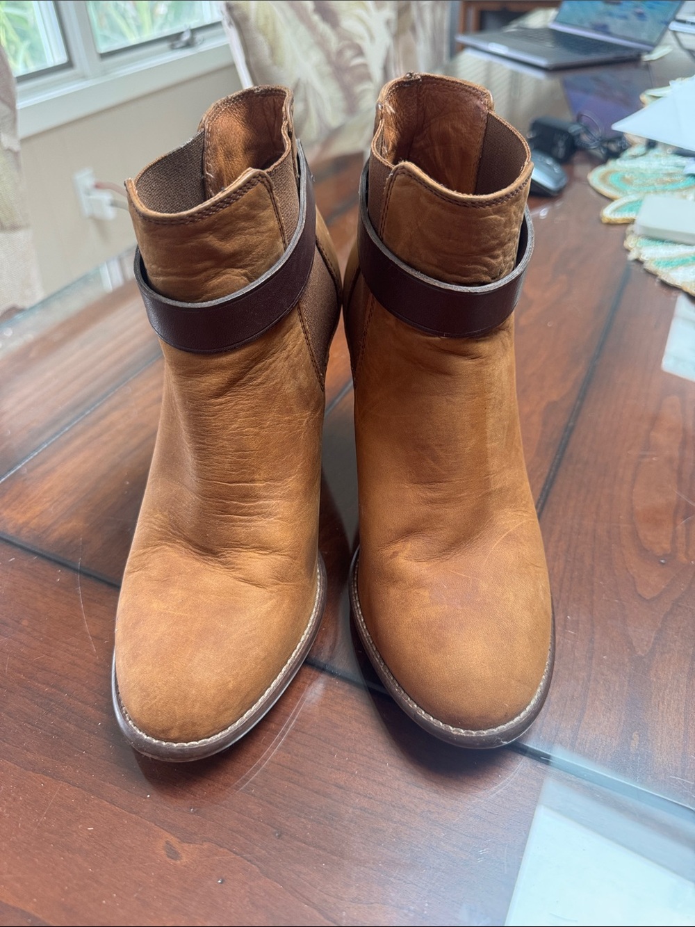 Madewell Tan Leather Ankle Booties with Dark Brown Strap
